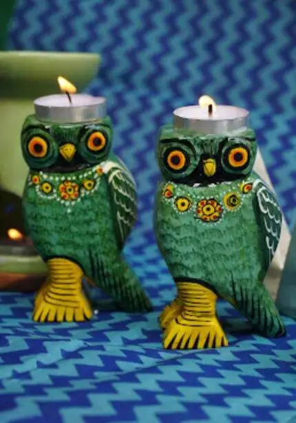 Wooden Colourful Tealight Candleholders- Owl Green