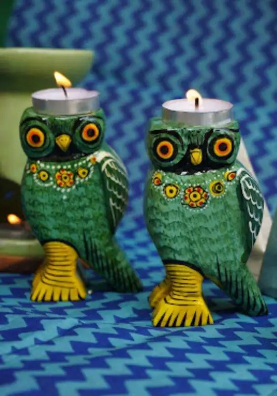Wooden Colourful Tealight Candleholders- Owl Green